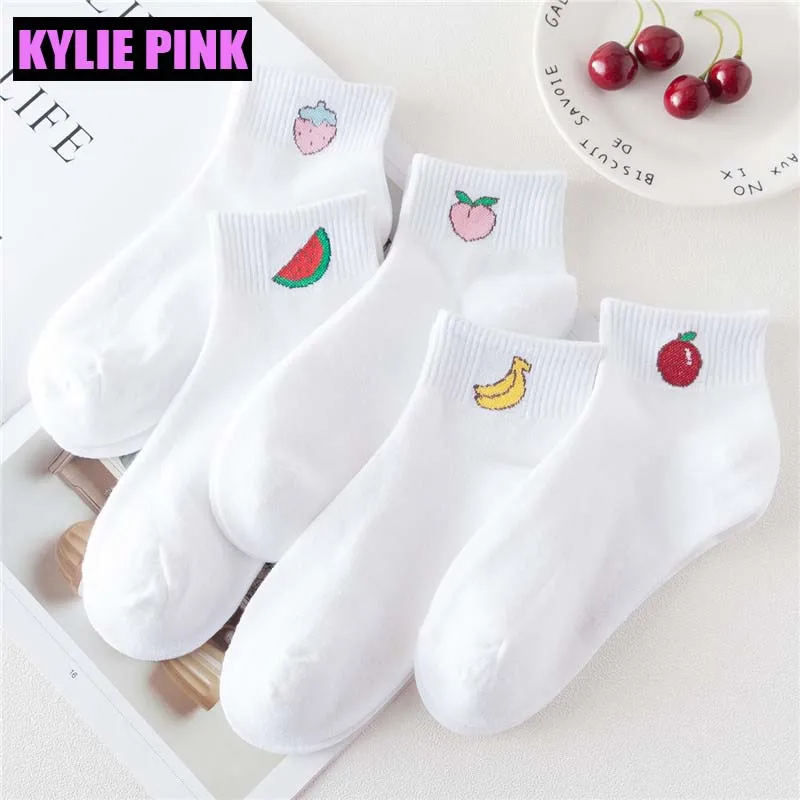 Розовые забавные женские хлопковые носки KYLIE с вышивкой фруктов короткие для