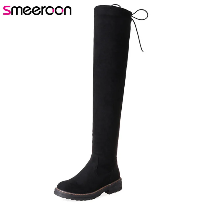 

Smeeroon new round toe slip on med heels knee high boots autumn winter boots women boots party shoes big size 33-43