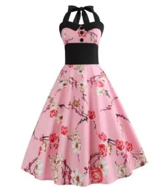 HGFS Summer Dress 2019 Robe Vintage Pin Up Women Floral Print Halter Big Swing 1950s 60s Retro Rockabilly Party Dresses | Женская одежда