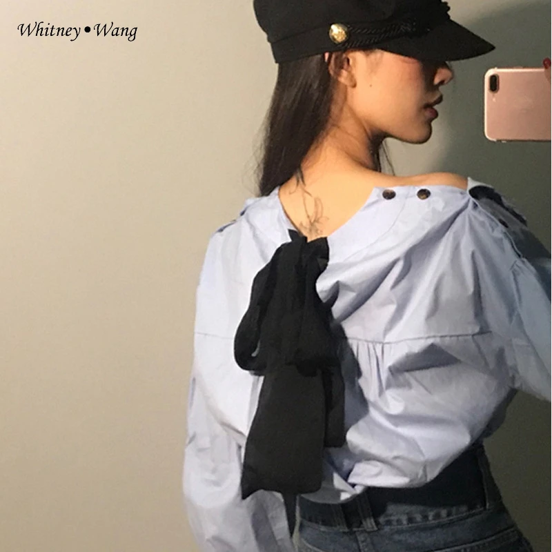 WHITNEY WANG 2019 Весенняя мода уличная одежда сексуальные пуговицы раздельные плечи