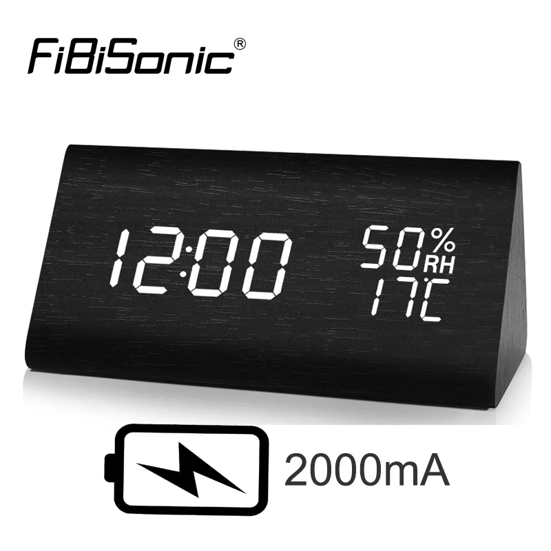FiBiSonic Современный цифровой светодиодный Будильник управление звуком деревянные настольные часы влажность температура дисплей может заряжать
