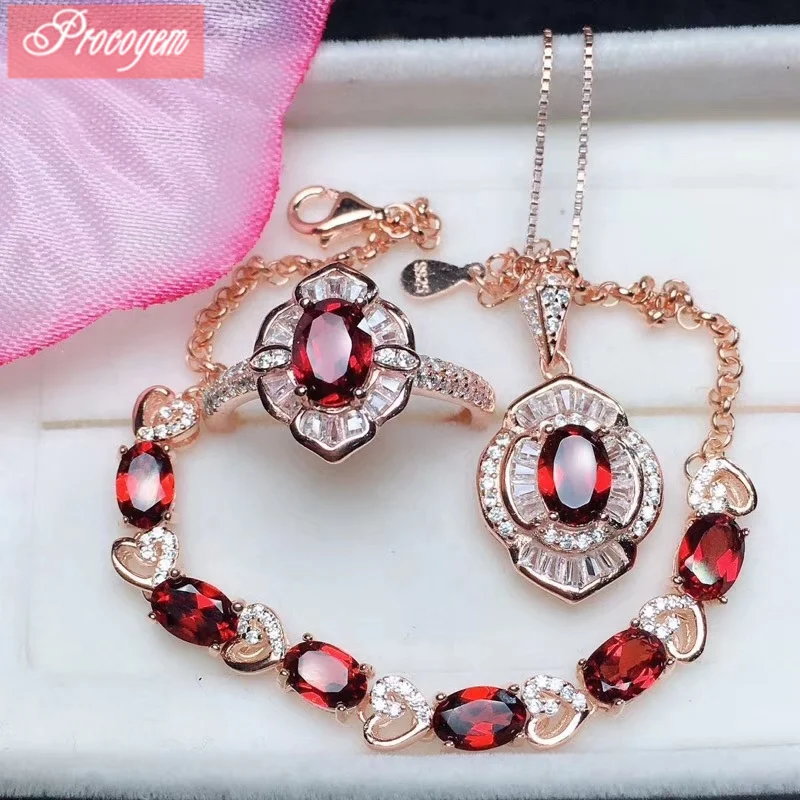 

Natural Garnet jewelry sets for women girls Cuted Oval Genuine Gems with zircon Flower Necklace Ring Bracelet S925 silver #189