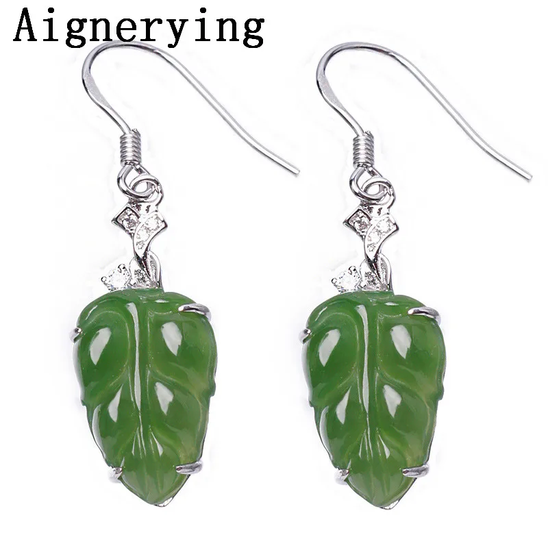 

925 silver Certificate Natural Green Jade Leaf Jewelry Dangle for Women Girl Jewellery vintage Earrings And Rings Gift Box