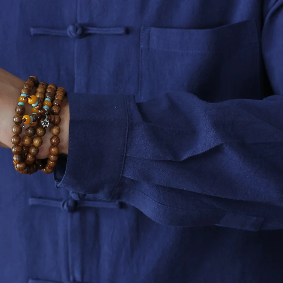 Летняя новинка темно-синяя Китайская традиционная Мужская рубашка с воротником