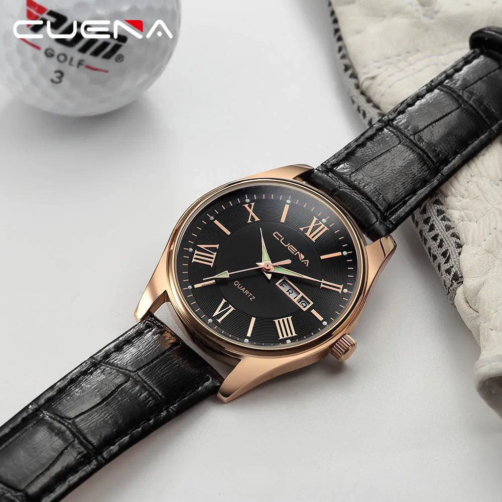 

CUENA Mens Wrist Watches Military Leather Analog Army Casual Dress watch for man quartz watch men day date male clock