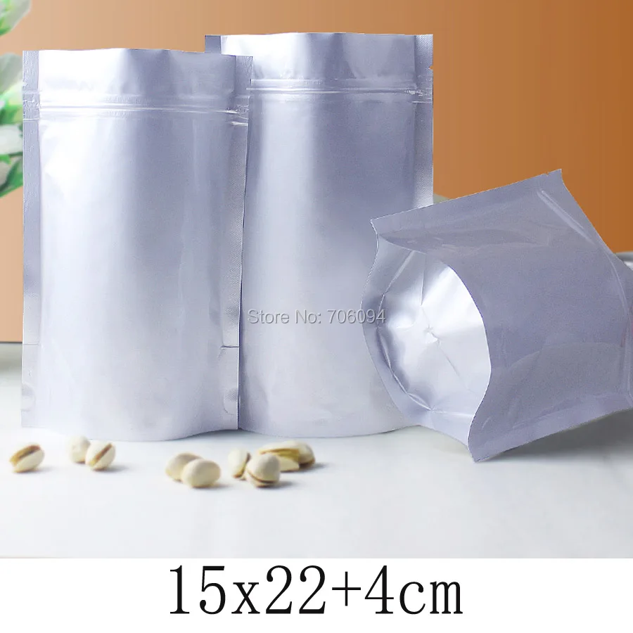 

100PCS 15x22+4cm(5.9''x8.7'') Standup Ziplock pure Alunminum foil Bag Matte silver Aluminum Bag for tea coffee gifts pack pouch