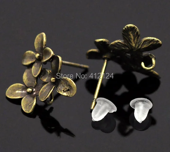 150Pcs Bronze Tone Earring Posts Flower Four Leaf Clover With Stoppers &amp Loop DIY Jewelry Component Findings 15x14mm | Украшения и