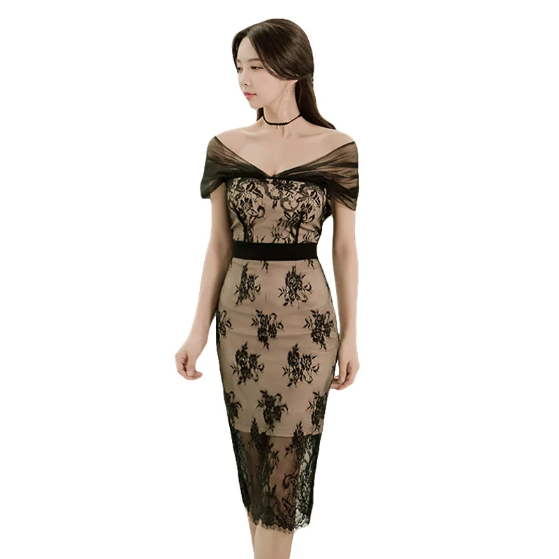 

2020 Summer Women Dress Slash Neck Black Lace Dresses Bandage Bodycon Pencil Dress Socialite Sexy Party Dress Vestidos De Festa