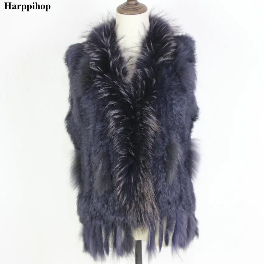 dark blue Harppihop Женский натуральный мех кролика жилет с воротником из меха енота жилет/куртки кролика рекс вязаный зимний - Цвет: dark blue