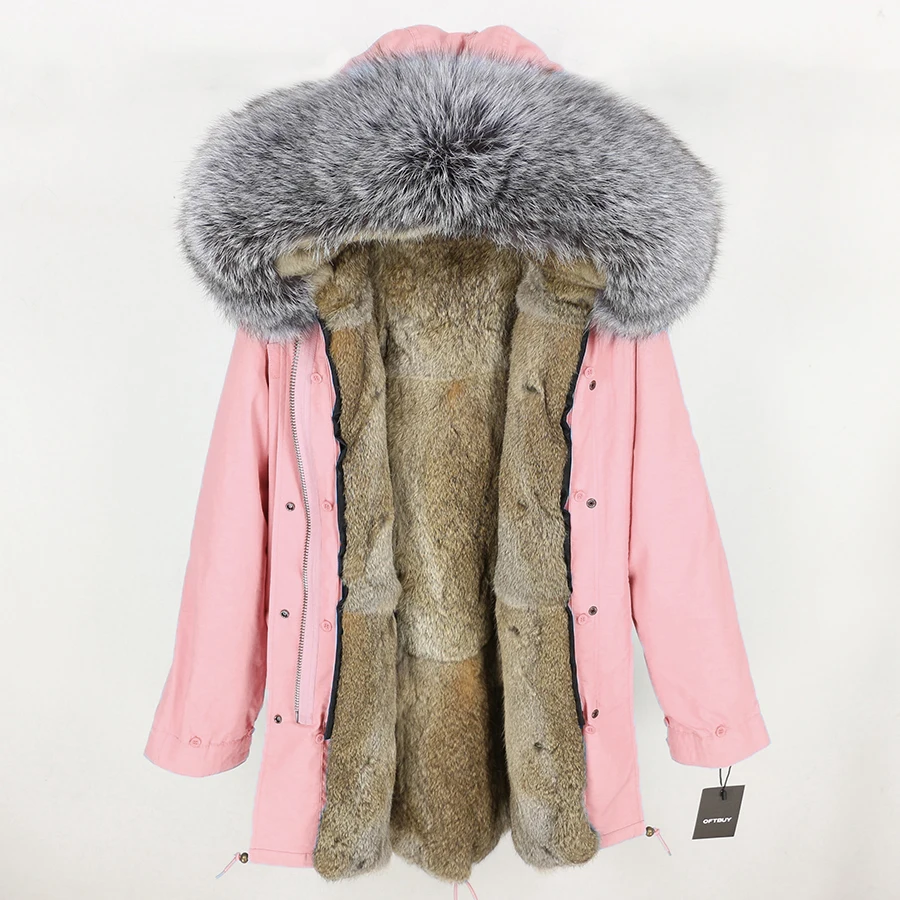 14 OFTBUY, пальто с натуральным мехом, зимняя куртка, Женская длинная парка, натуральный мех серебристой лисы, воротник с капюшоном, подкладка из натурального кроличьего меха, Толстая теплая брендовая - Цвет: 14