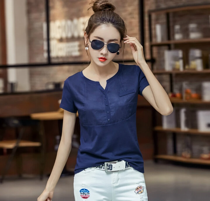 Футболка женская с V-образным вырезом Модная белая рубашка из хлопка и льна