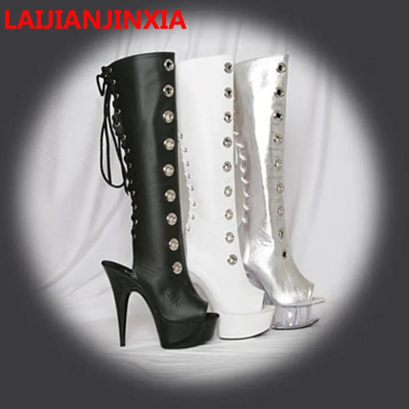 

Ultra-Leather Party Big Size 46 15cm High Heels Sexy Women Boots Pole Dancing Shoes Knee Boots Dance shoes B-074