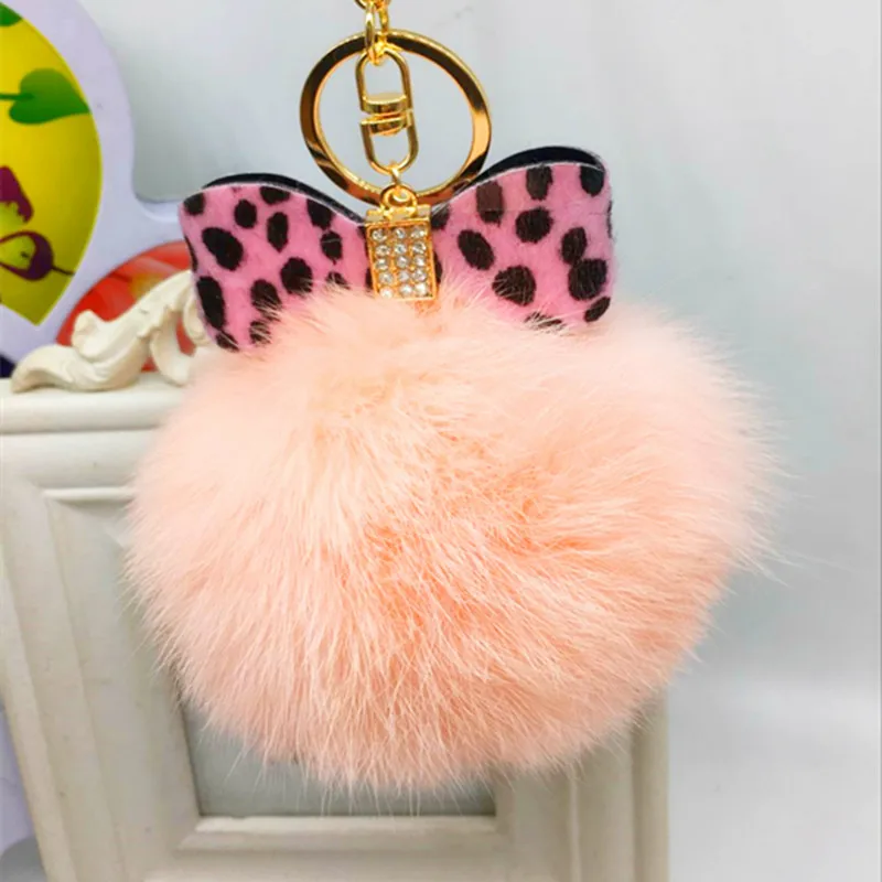 

10cm Leopard Bowknot Fur Pom Keychain Real Rex Rabbit Fur Ball Key Chians Fur Keyring Porte Clef LLavers Key Chain EH645