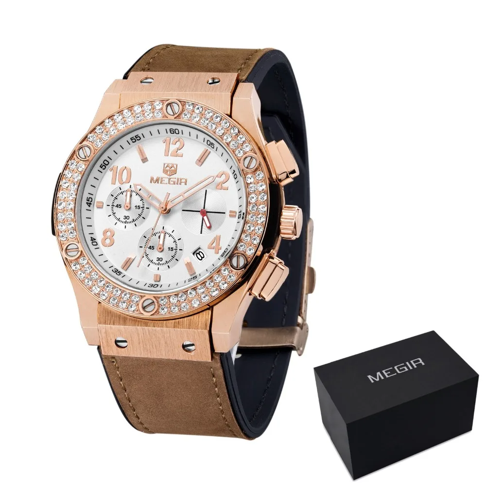 Женские кварцевые часы Megir роскошные брендовые дизайнерские с золотым кожаным
