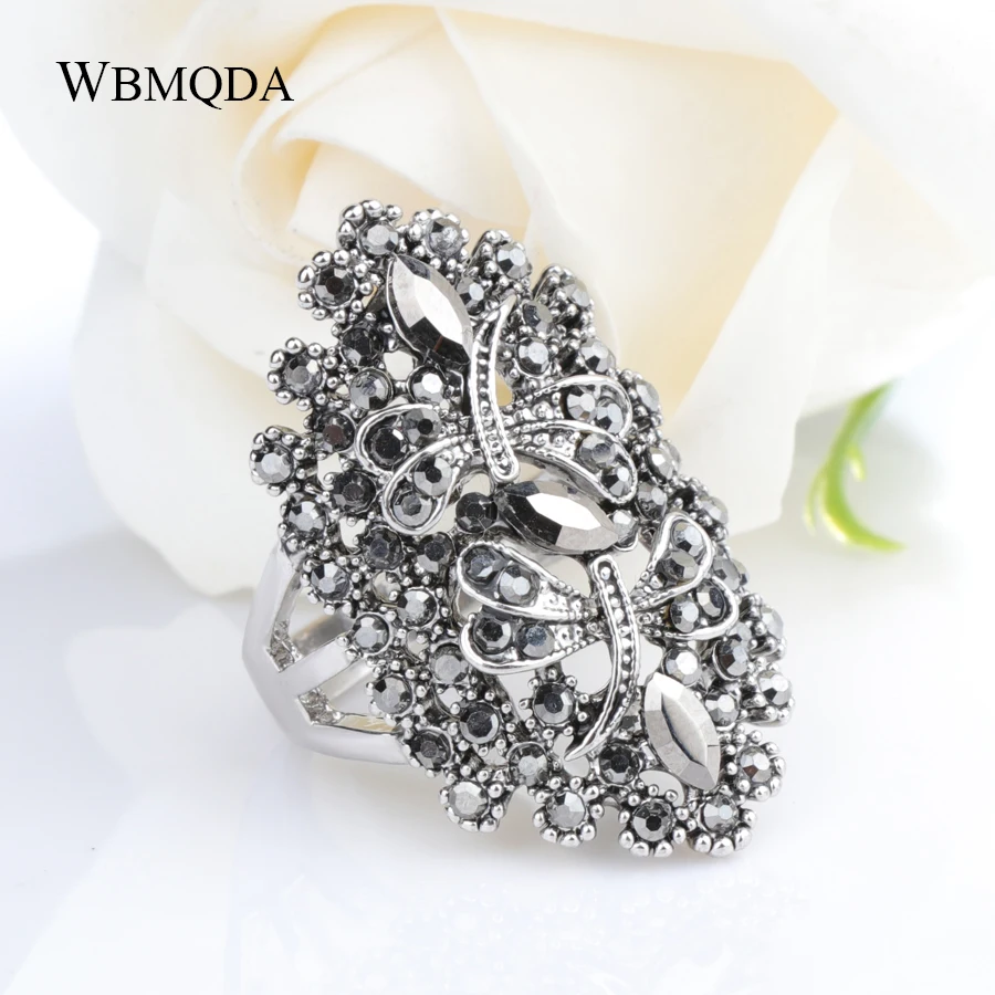 

Wbmqda Hot Vintage Rhinestone Dragonfly Rings For Women Silver Color Hollow Big Ring Wedding Party Crystal Animal Jewelry