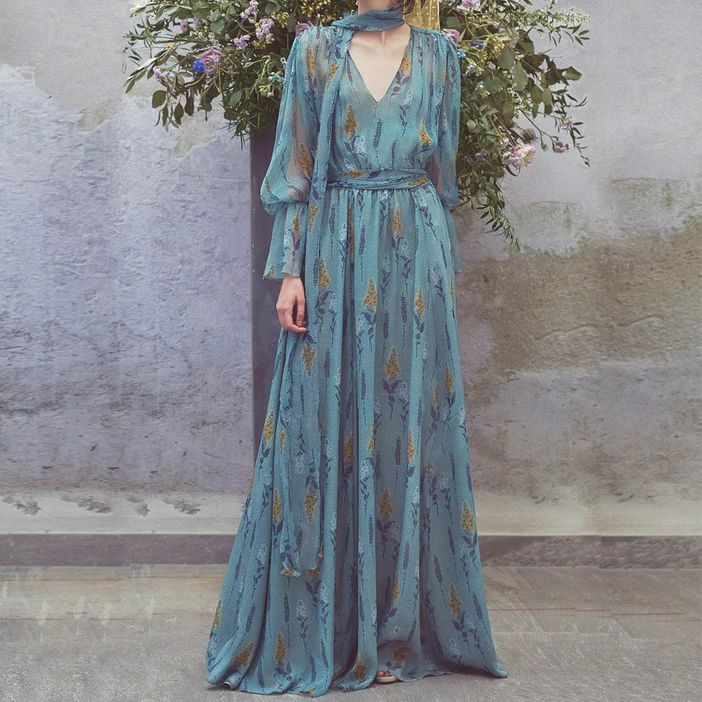 

Long Sleeve Dress bule Tropical Beach Vintage Maxi Chiffon Dresses Boho Casual V Neck Belt Tunic Draped Plus Size Dress