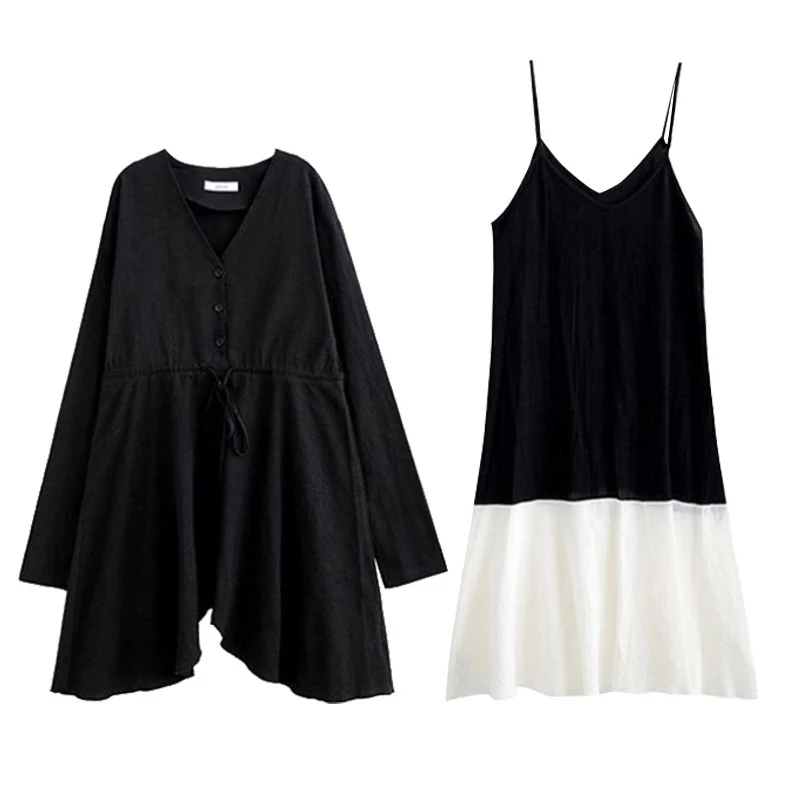 

PERHAPS U Spring Autumn Two-piece Set Black Long Sleeve V-neck Button Asymmetrical Mermaid Midi Sleeve Elegant Dress D1881