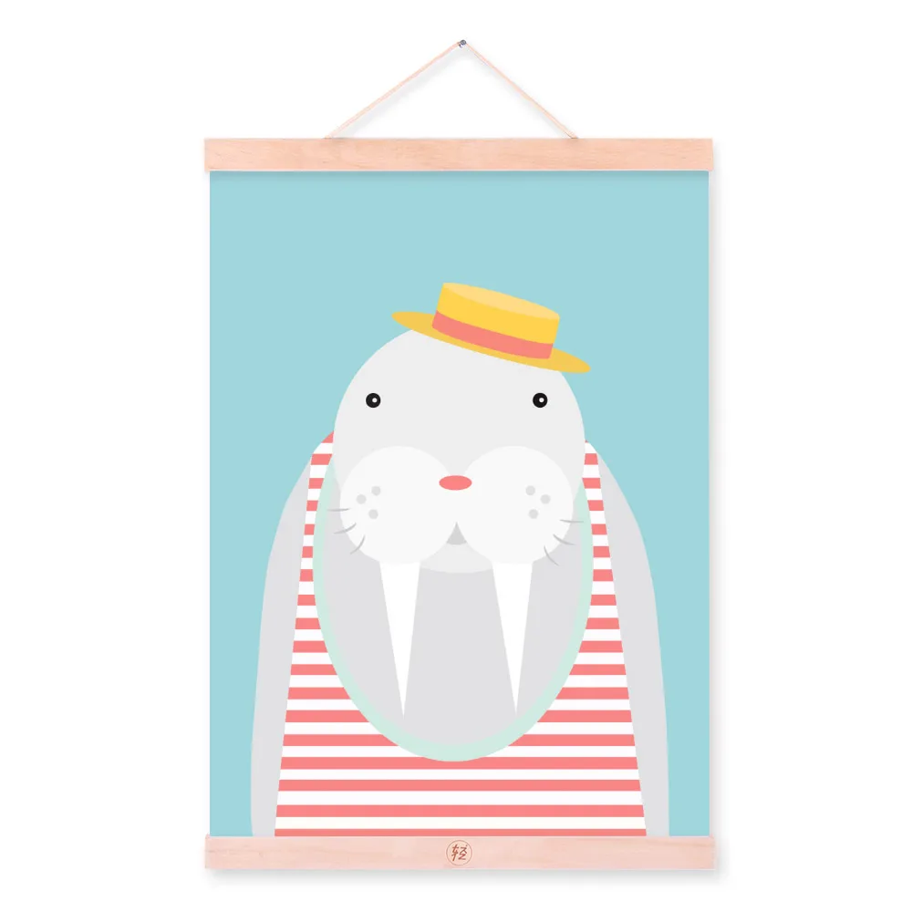 Kawaii, Мультяшные животные, олень, медведь, собака, деревянная рамка, холст, живопись, скандинавские, для детской комнаты, настенные художественные плакаты, домашний декор, картина, Свиток