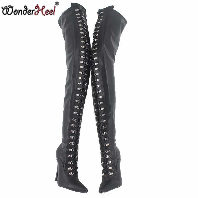 Wonderheel/Экстремально высокий каблук 12 см; на шпильке; высокие сапоги до колена ботинки с узким голенищем; матовая облегающие сапоги на шпильке; Фетиш Высокий каблук на шнуровке сапоги до промежности