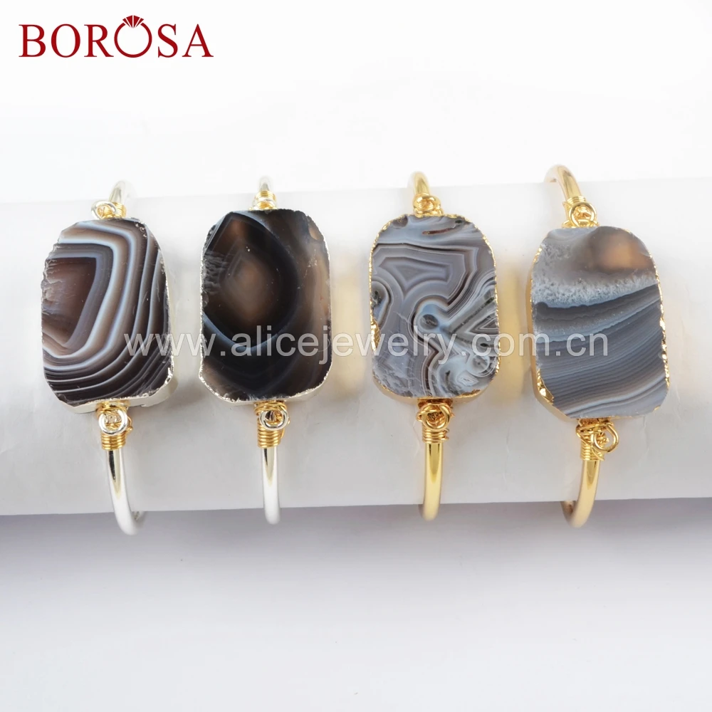 

BOROSA 5PCS Gold /Silver Color Wire Wrapped Botswana Agates Bangle Natural Druzy Stone Jewelry for Women/Ladies G1664 S1664