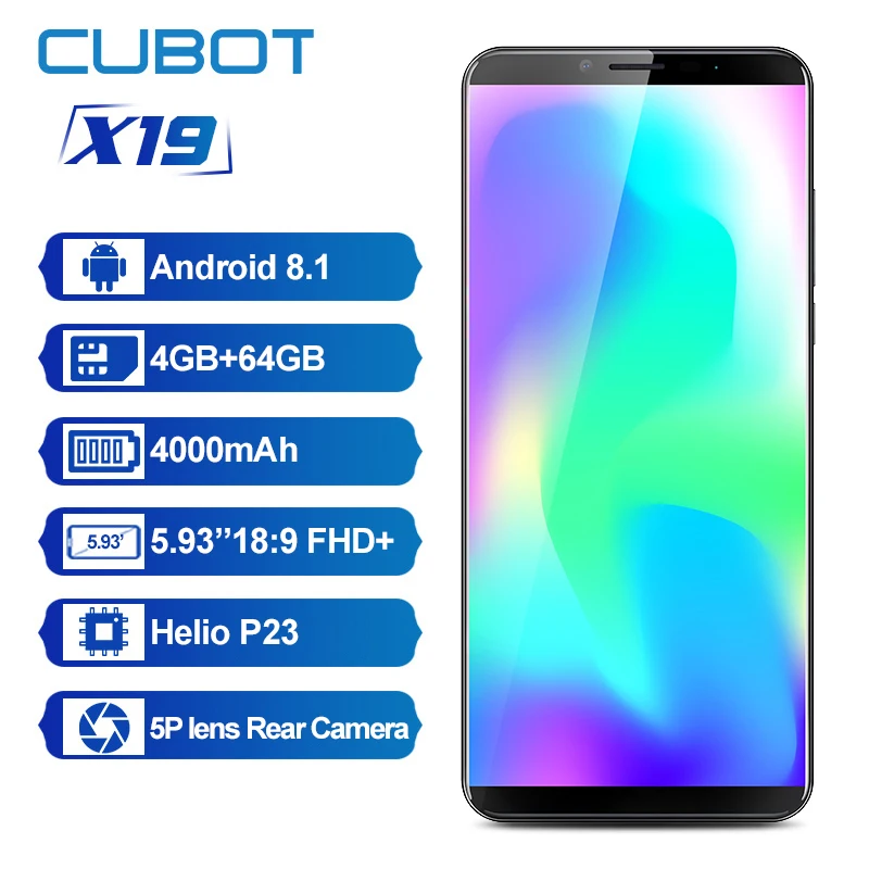 Смартфон Cubot X19 5 93&quot 4+64 ГБ восьмиядерный процессор Helio P23 аккумулятор 4000