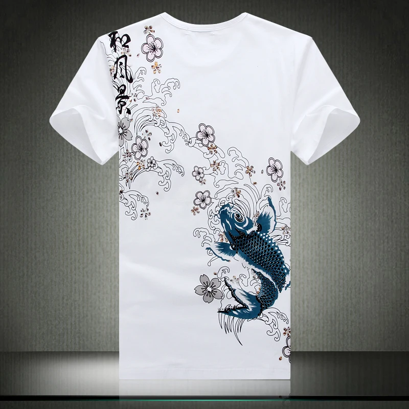 

Embroidered fish pattern Chinese character print short sleeve t shirt Summer 2019 high-quality cotton boutique t shirt men M-5XL