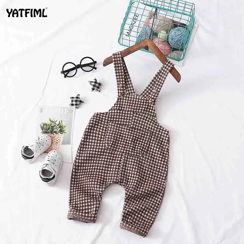 brown YATFIML/Детский комбинезон в клетку; Штаны для мальчиков и девочек; Большие Штаны для мальчиков и девочек; Весенний комбинезон для малышей - Цвет: brown