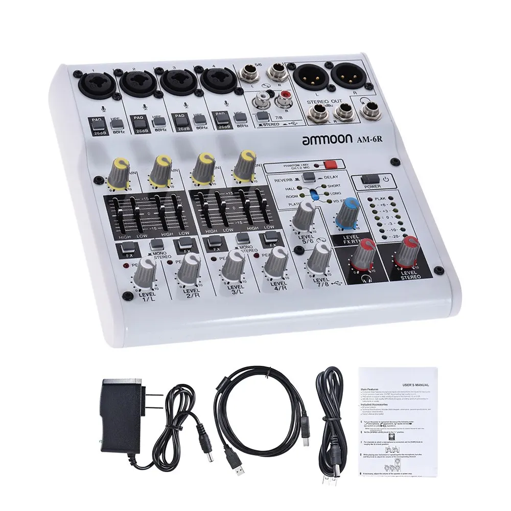 8Channel USPLUG Ammoon AM-4R 6-канальный звуковая карта цифровой аудио смеситель микшерный пульт встроенный 48V Phantom Мощность Поддержка Мощность ed 5V Мощность банка - Цвет: 8Channel USPLUG