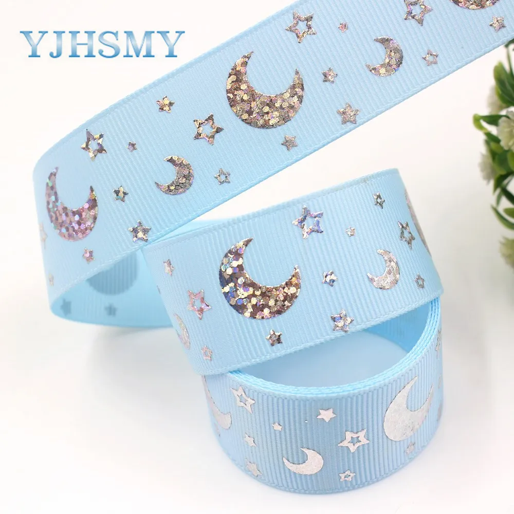 YJHSMYI-19430-1134 25 мм 10 ярдов Лазерная Серебряная Звезда Луна печать grosgrain лента DIY