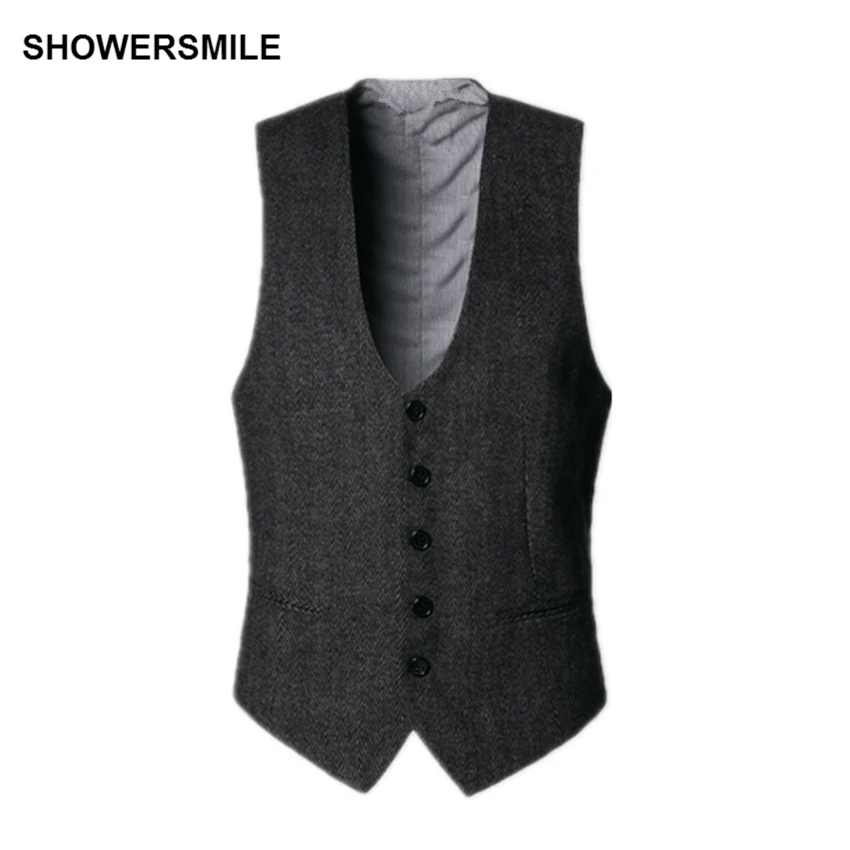 SHOWERSMILE, темно-серый костюм, жилет, мужской шерстяной твидовый осенний винтажный приталенный полосатый жилет, английский стиль, куртка без рукавов, жилет