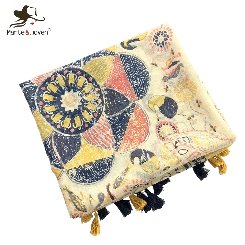 Женский шарф с цветочным принтом Marte & Young Осенний желтый из полиэстера кисточками