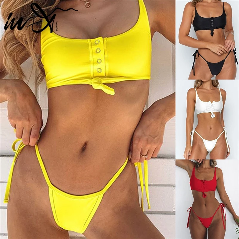 In-X High cut brazilian swimsuit female swimwear Push up micro bikini 2019 Sexy ribbed bathing suit women Knot two-piece XL |