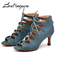 ladingwu latin dance shoes women denim blue dance boots wide thin high heel 10 6cm salsa performance ballroom dance shoes