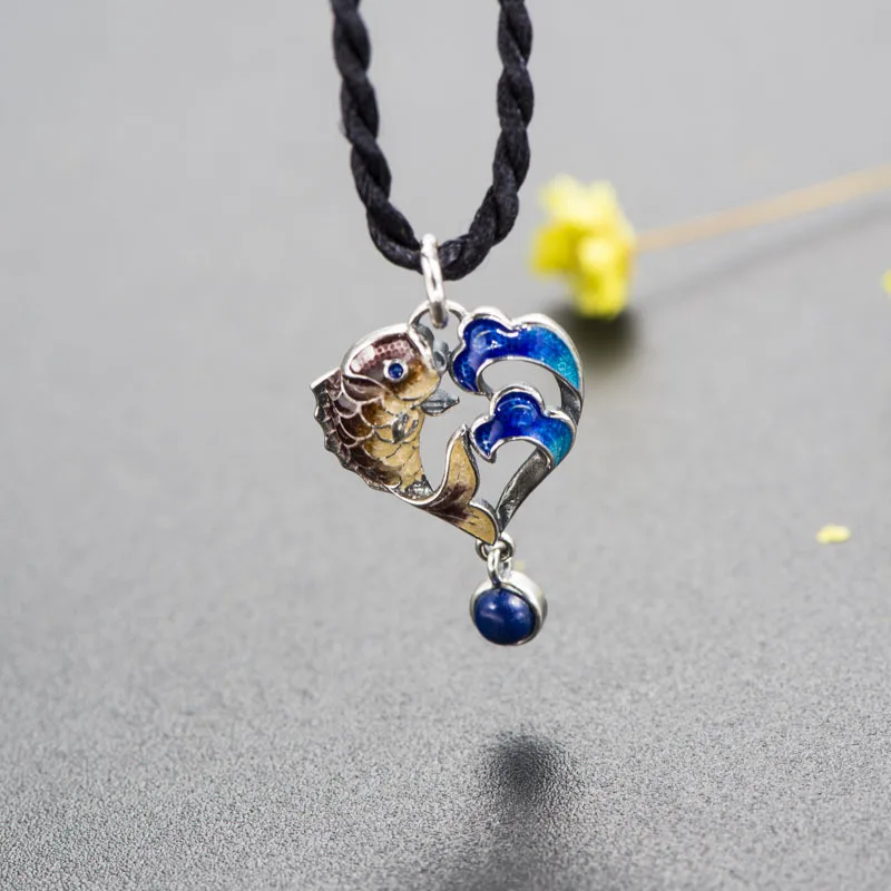 

S925 silver small fish inlaid with natural stone pendants Baking blue craft women's pendant