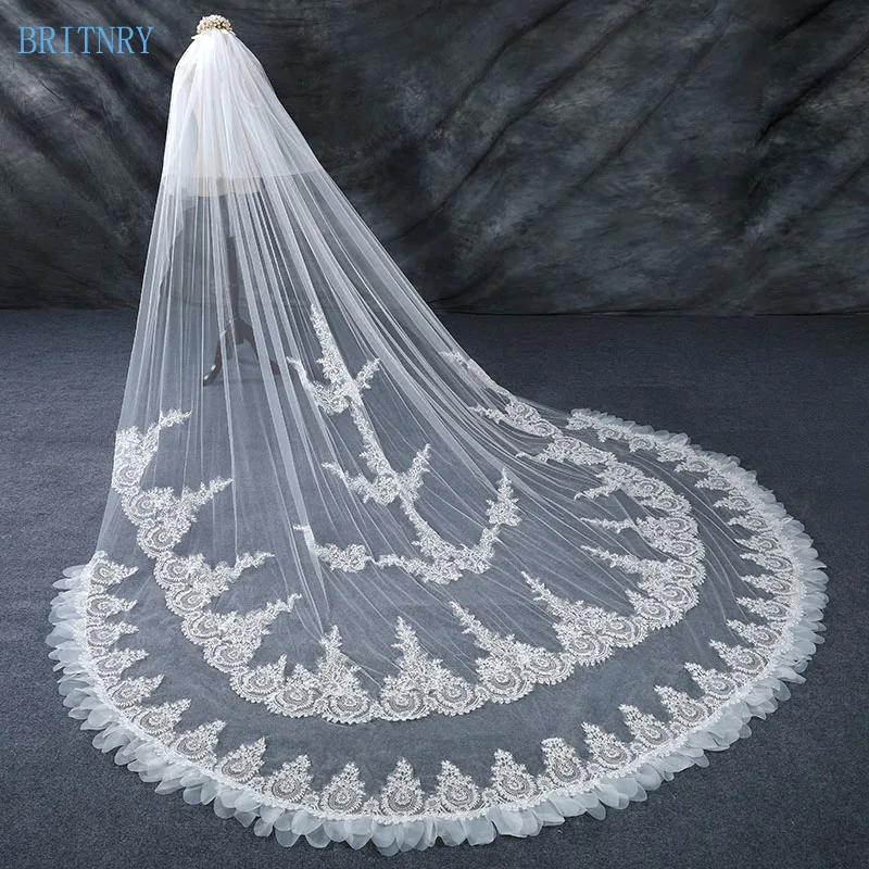 Свадебная фата BRITNRY 2018 реальные фотографии длинная кружевная двухслойная Фата с