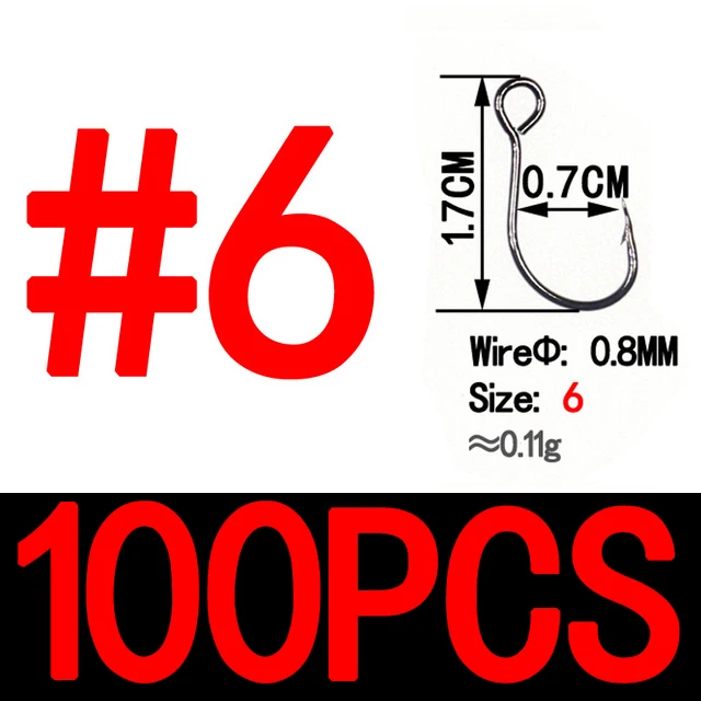 100pcs size 6 Bimoo 100 шт. для рыболовной приманки, запасной крючок, одиночные рыболовные крючки, встроенный крючок, большой глаз, размер 2/0, 1/0, 1, 2, 4, 6, 8, острая Высокоуглеродистая сталь - Цвет: 100pcs size 6