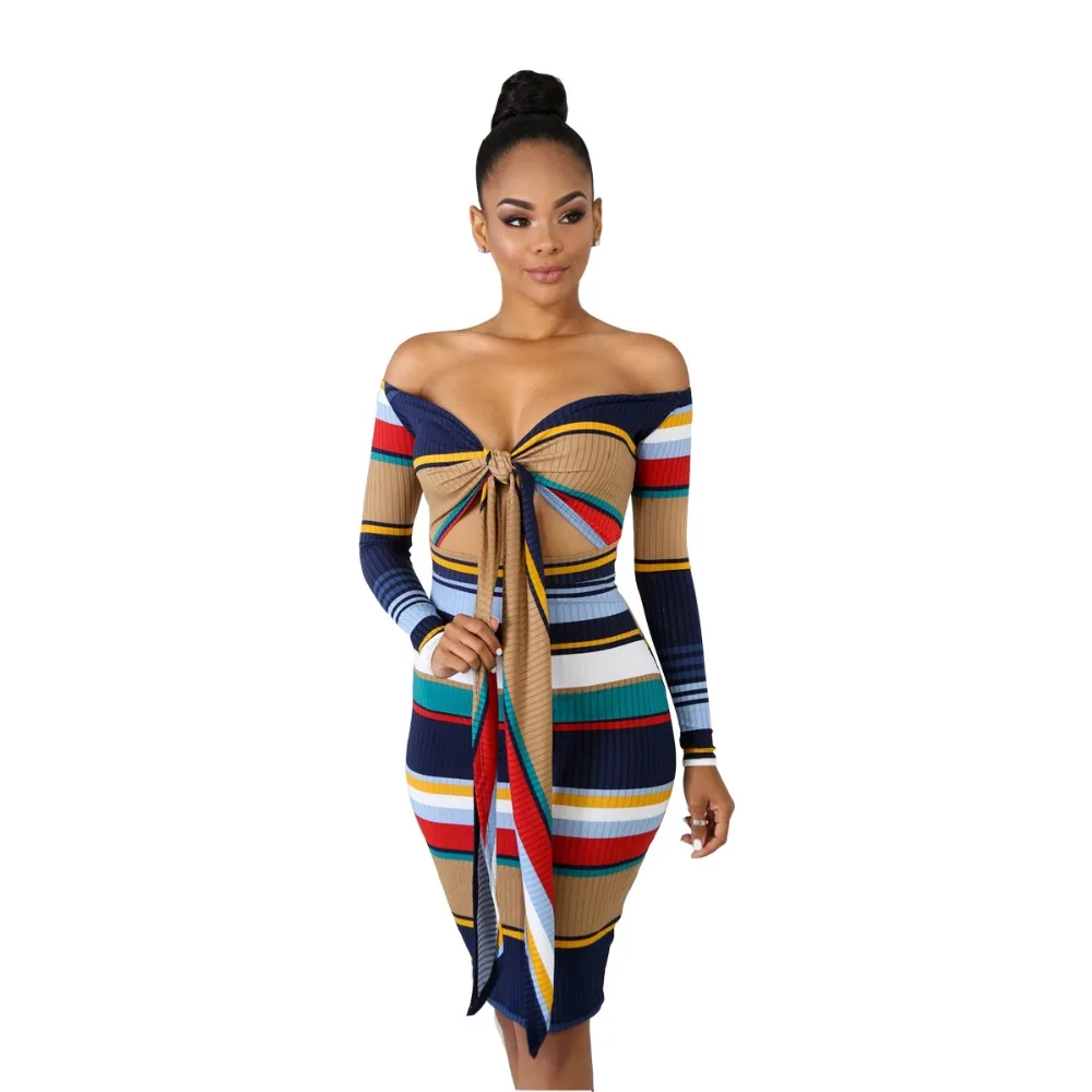 Женское Короткое платье в полоску с бантом и длинным рукавом | Женская одежда