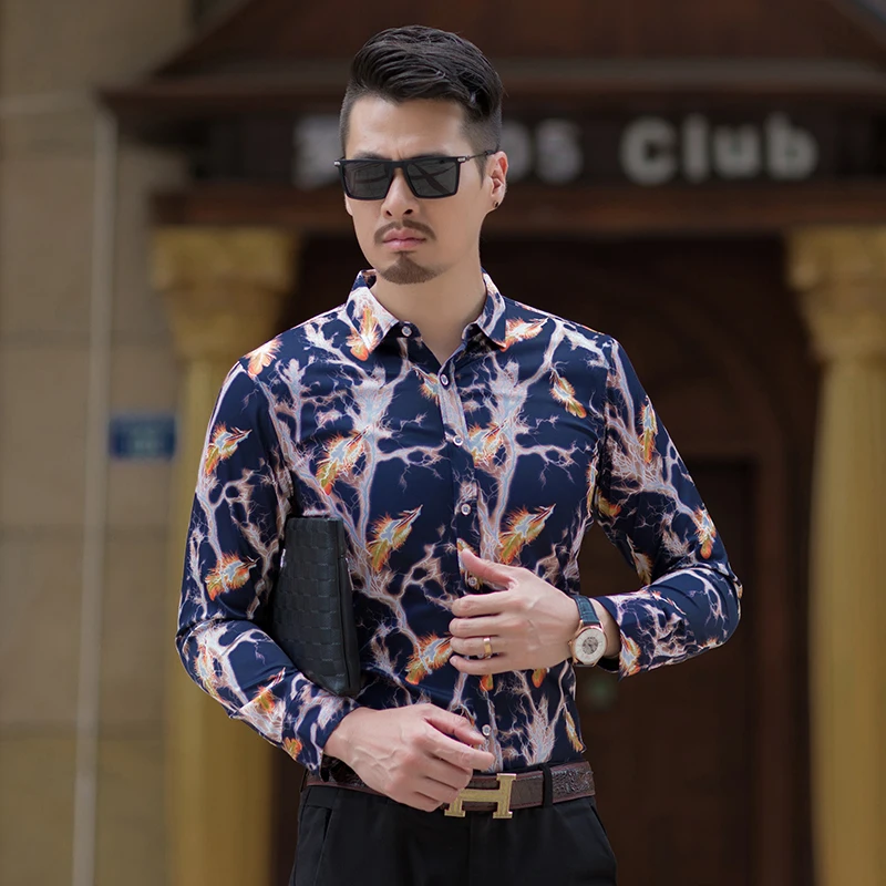 

7XL 6XL 5XL Plus Size Men Shirt 2019 New Fashion lightning Print Mens Shirts High Quality Full Sleeve Male Clothes#7505