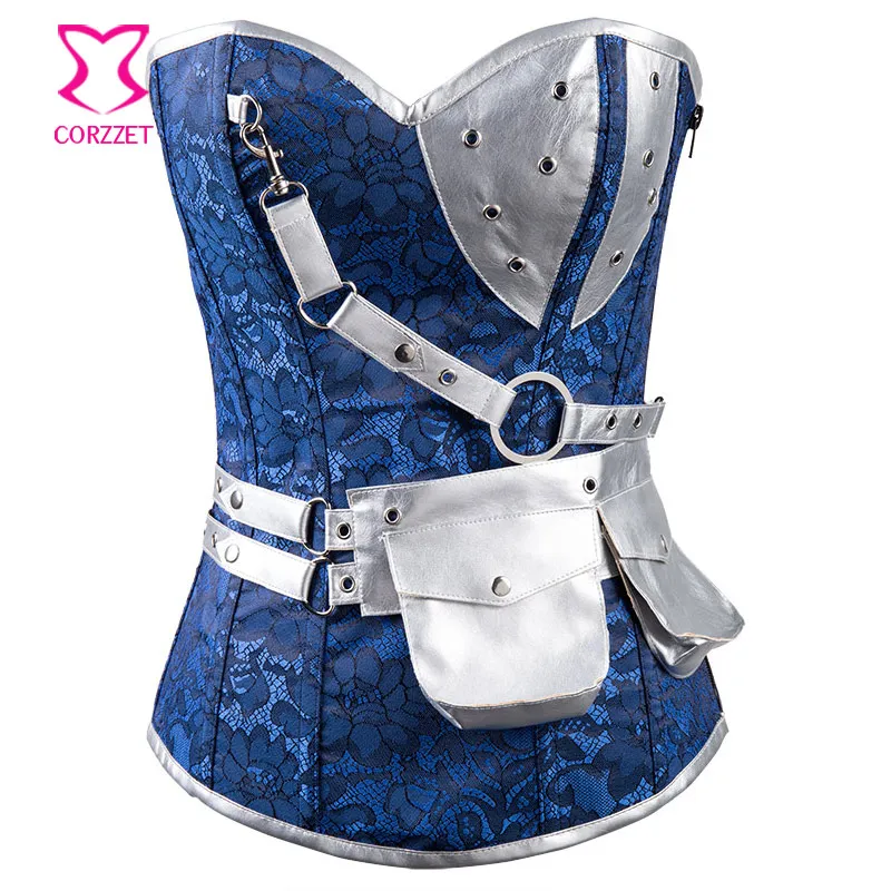 Корсет Corzzet в стиле стимпанк с синей и серебряной парчой оборкой корсет со