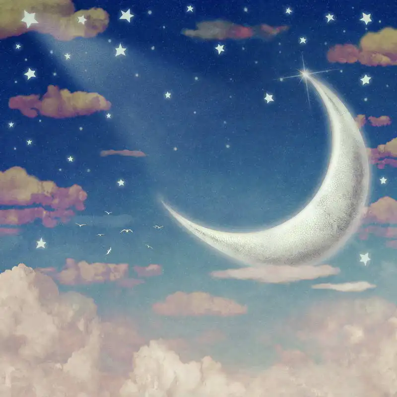 Фон для фотосъемки новорожденных с изображением белых звезд и Луны на голубом