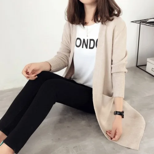 Женский вязаный кардиган TingYiLi длинный бежевого хаки кофейного и черного цветов