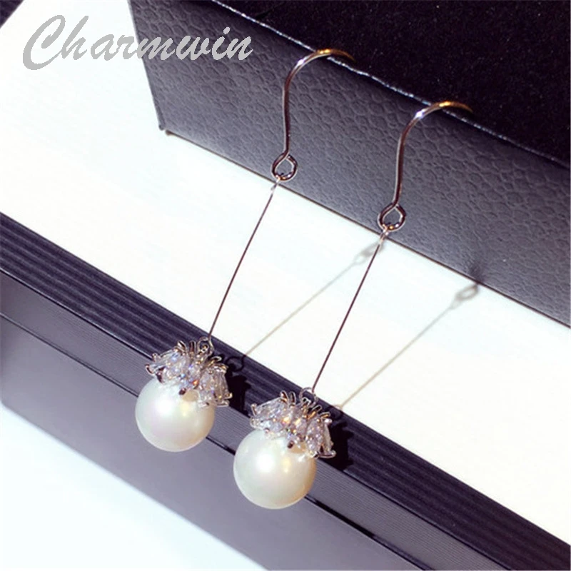 Charmwin новые длинные серьги для женщин висячие серьги с кубическим цирконием висячие серьги с просечкой жемчуга для женщин