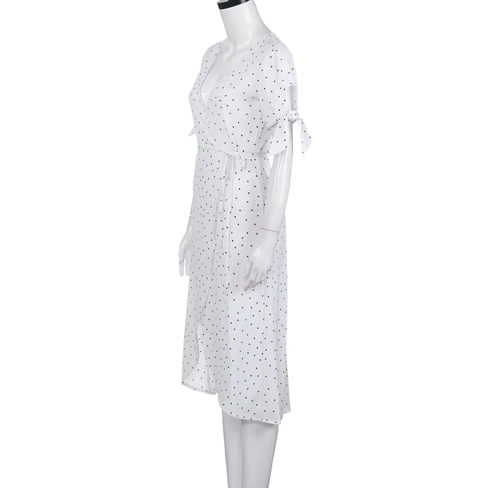 Женское длинное платье макси в горошек с V образным вырезом и коротким