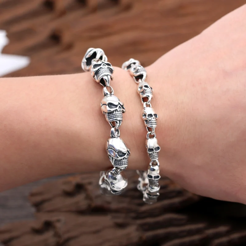 925 пробы Серебряный браслет мужские украшения Винтажные 13 мм широкий Череп Шарм