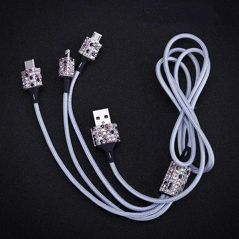 purple cable Автомобильное зарядное устройство с двумя usb-портами, блестящие стразы ручной работы, хрустальные Автомобильные украшения, 3 в 1, телефонный кабель для быстрой зарядки - Название цвета: purple cable