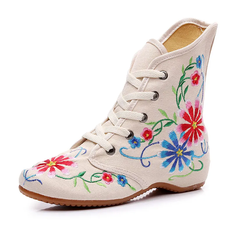 Model 1 Beige Veowalk/женские короткие ботинки на плоской подошве в стиле ретро с вышивкой из хлопка на шнуровке; сезон осень; женская повседневная обувь с китайской вышивкой; удобные ботинки - Цвет: Model 1 Beige