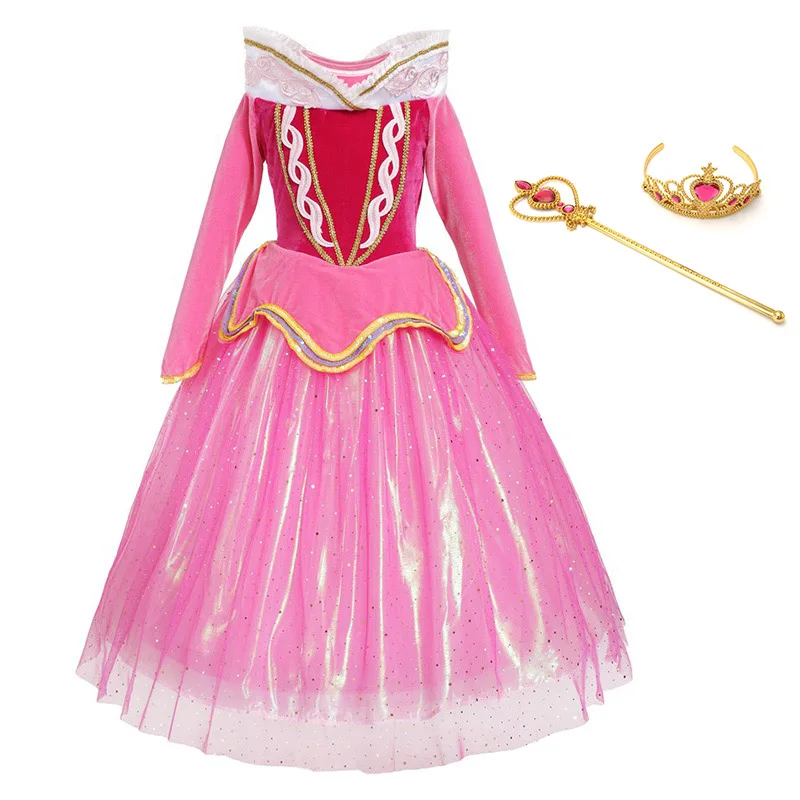 Aurora Dress Set1 Костюм Спящей красавицы принцессы Авроры для девочек; розовое платье с блестками; Детские платья с длинными рукавами для костюмированной вечеринки, карнавала, Хэллоуина - Цвет: Aurora Dress Set1