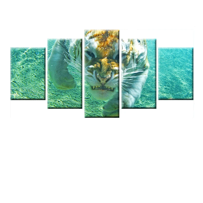 

HD Print Water Ferocious Tiger Picture Poster Canvas Painting 5 Panel Living Room Bedroom Wall Art Mural