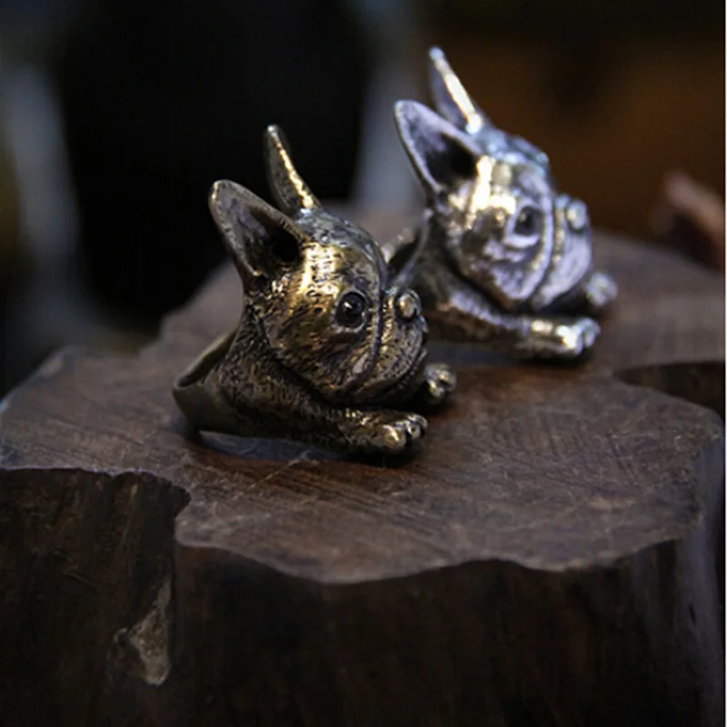 Уникальное регулируемое кольцо в стиле ретро с французским бульдогом