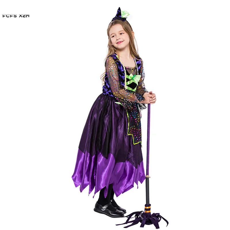 

S-L Purple Girls Halloween Sorceress Costume for Children Kids Magician Witch Gown Cosplay Carnival Purim stage show party dress